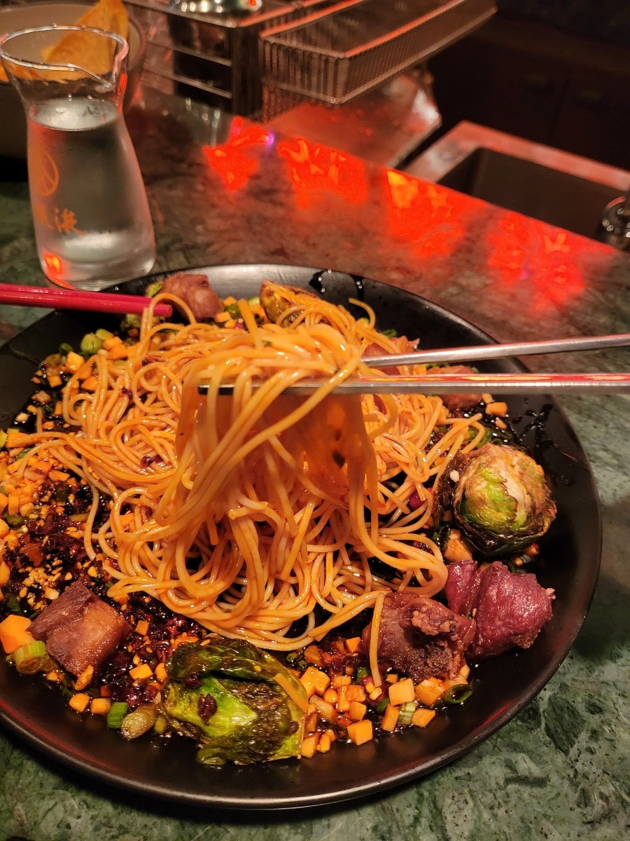 Close-up of Cold Sichuan Noodles - detailed view of noodles and toppings