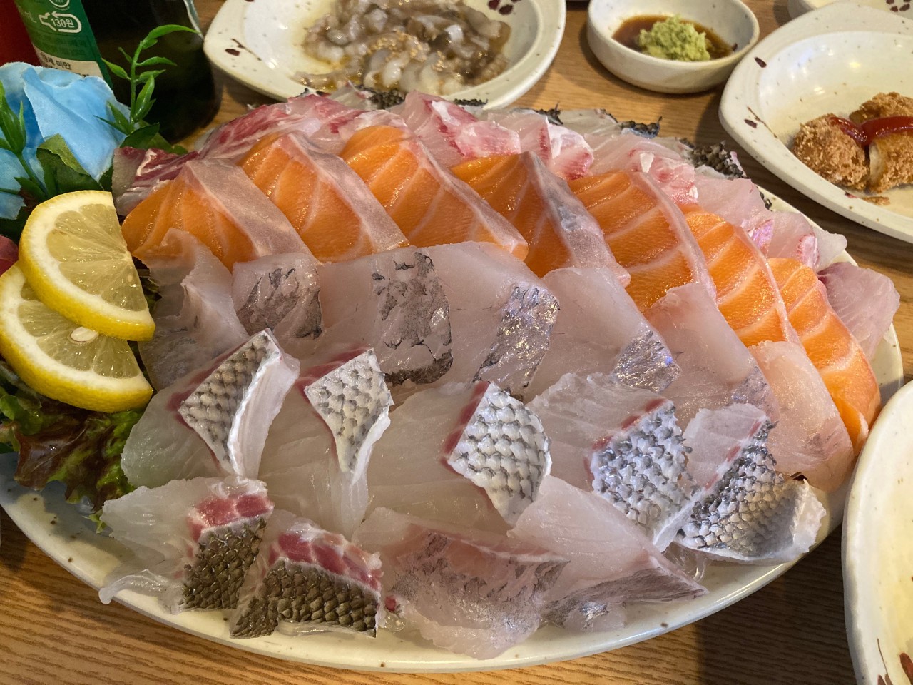 Chogochujang - Chogochujang, wasabi, and soy sauce served with the amberjack sashimi