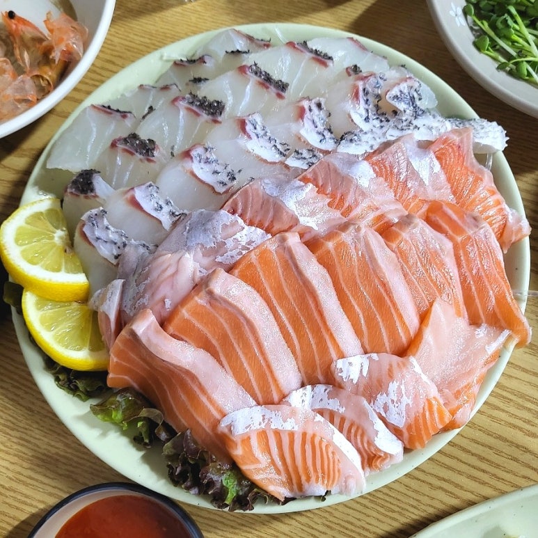 Amberjack Sashimi Plate - Beautifully plated thick slices of crimson amberjack sashimi